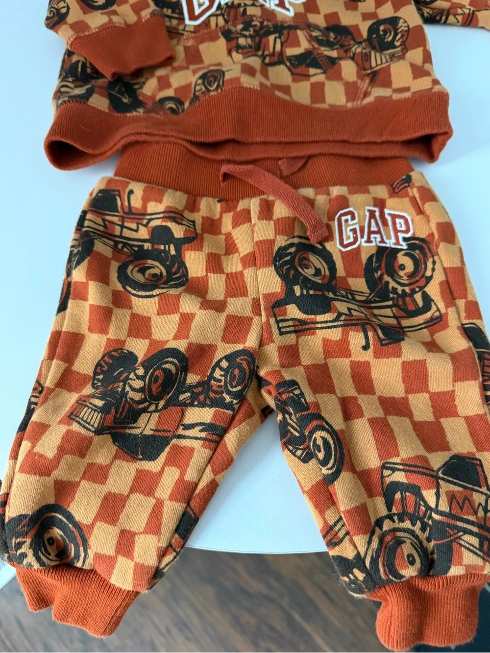 GAP Orange Checkerboard Hoodie & Joggers with Race Car Print